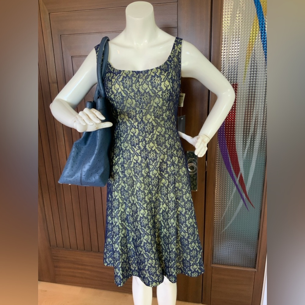 JONES&CO Fit & Flare Dress, Navy & Yellow Lace, Sz 12